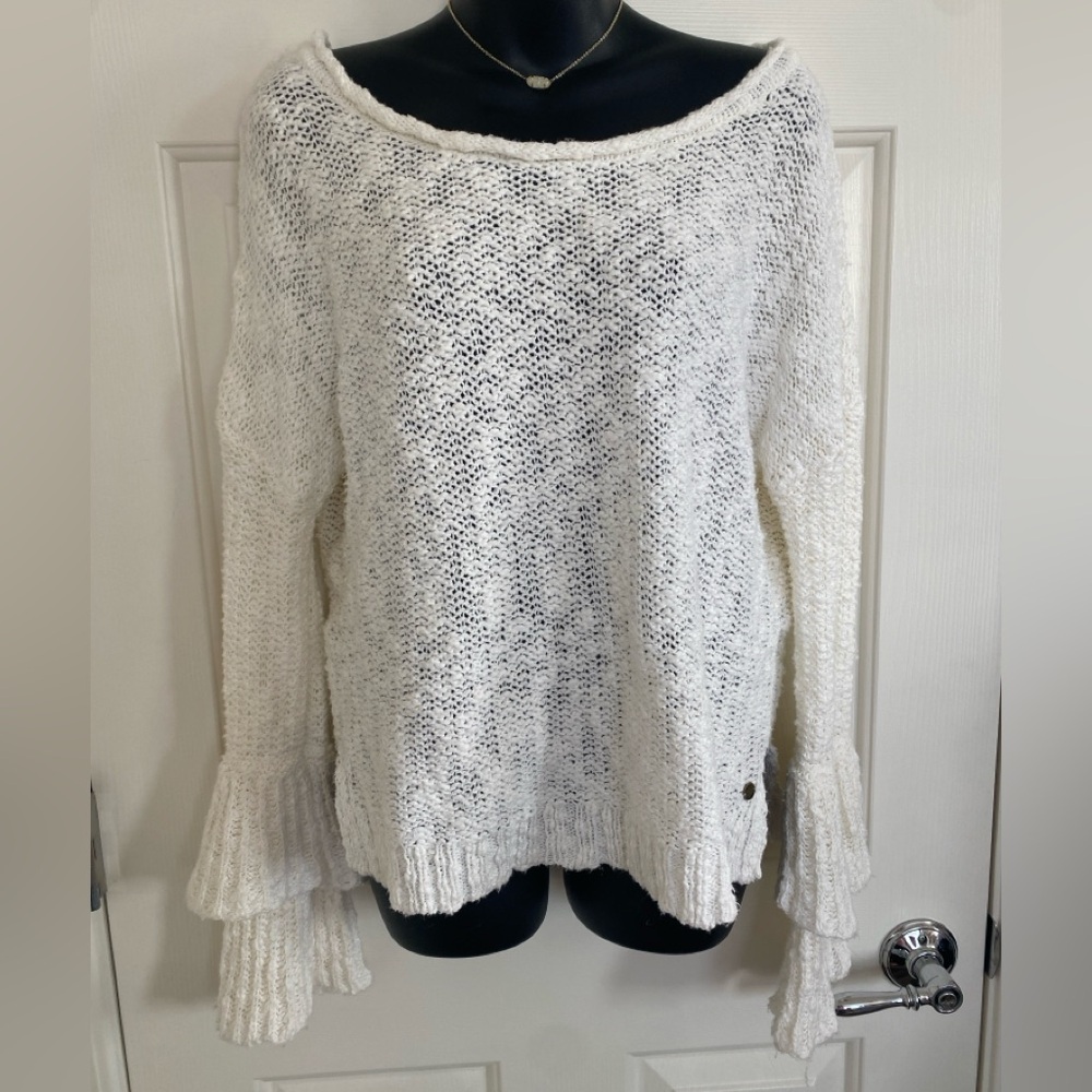 Roxy White Knit Ruffle Sleeve Sweater
